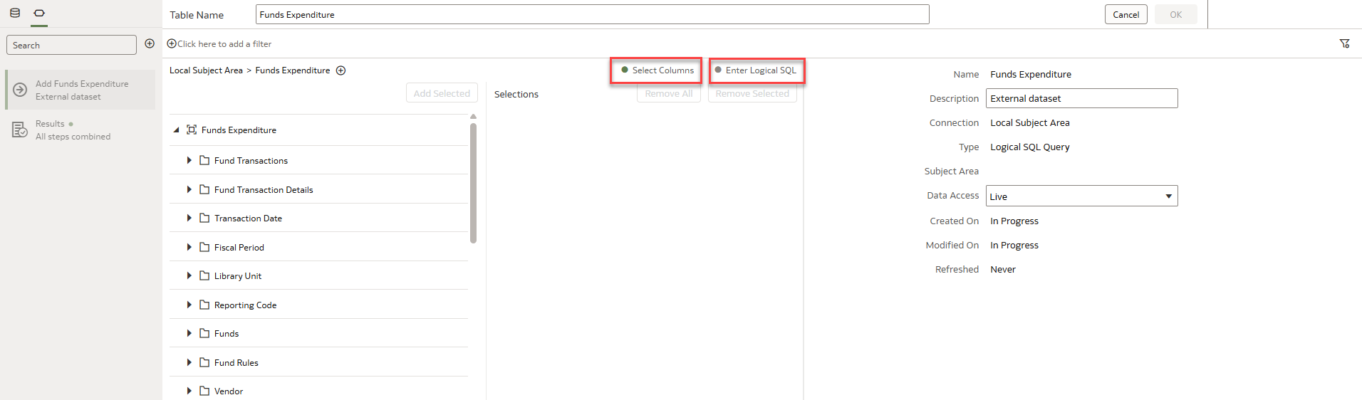 The Select Columns and Enter Logical SQL buttons.
